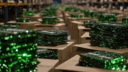 13Cardboard boxes filled with organized green circuit boards, glossy microchips catching reflections, depth of field showing endless rows ready for tech manufacturing, cinematic elec