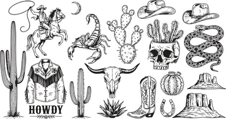 Collection of hand drawn western elements including cowboy hat skull cactus and boots
