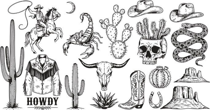 Collection of hand drawn western elements including cowboy hat skull cactus and boots