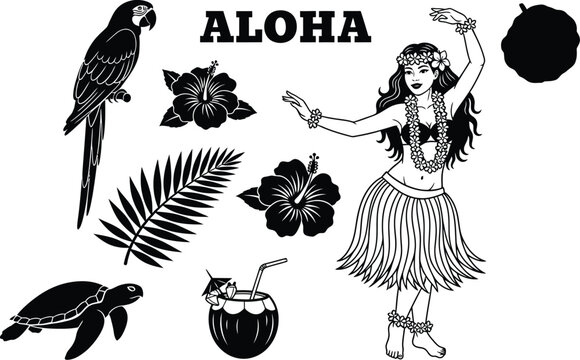 Hawaiian aloha tropical elements including hula dancer parrot hibiscus and turtle