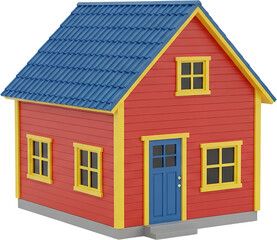 A simplified 3D rendering of a small red house with a blue pitched roof and yellow trim detailing featuring multiple windows and a blue front door on a transparent background