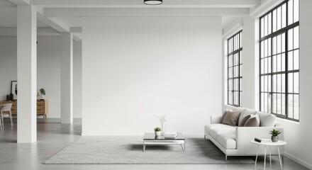 Minimalist modern living room with large windows and clean white decor