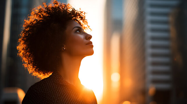 wealthy african american businesswoman looking ahead in modern skyscraper district during sunset planning investments and future success