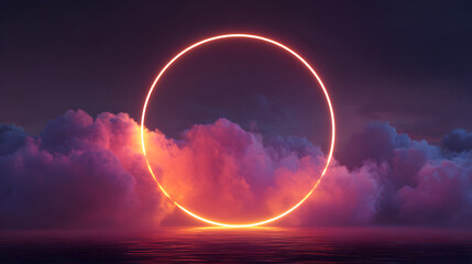 Glowing neon circle reflecting on water surface