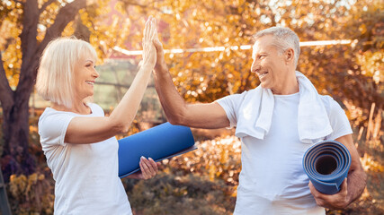 A joyful senior couple shares a high-five after finishing their outdoor yoga practice in a park surrounded by vibrant autumn leaves. They hold yoga mats and wear comfortable clothes.