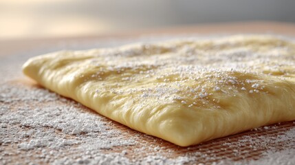 Close-up of smooth, freshly rolled pastry dough dusted with flour, showcasing texture and preparation in a bright kitchen setting.