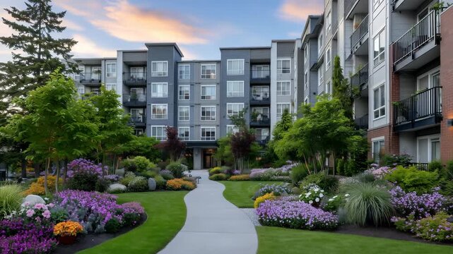 17Modern multifamily housing complex with brick and light-gray siding facades, balconies adorned with plants, lush manicured lawns, and pathways lined with trees under soft evening s