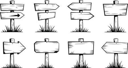 Hand Drawn Wooden Signpost Vector Set, Blank Cartoon Direction Boards, Doodle Arrow Signs Illustration © nitthi