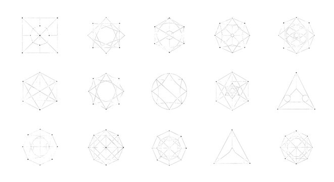 Geometric sacred shapes and patterns in abstract line art style, composed of dots and lines.