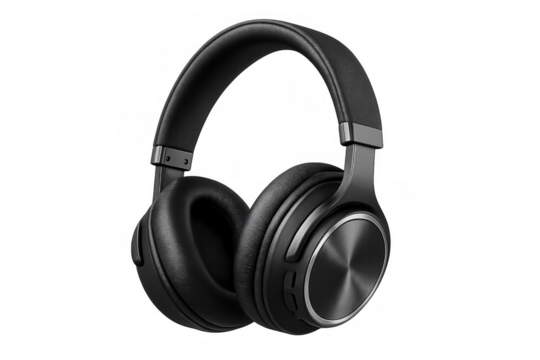 Black wireless over-ear headphones presenting a sleek design and advanced audio technology, perfect for listening to music and podcasts