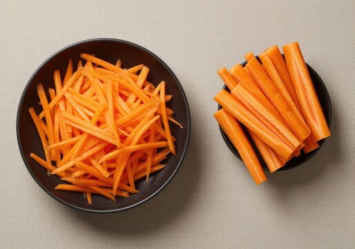 Orange carrot sticks and julienned carrots in bowls for healthy eating and cooking - Powered by Adobe