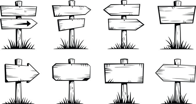 Hand Drawn Wooden Signpost Vector Set, Blank Cartoon Direction Boards, Doodle Arrow Signs Illustration
