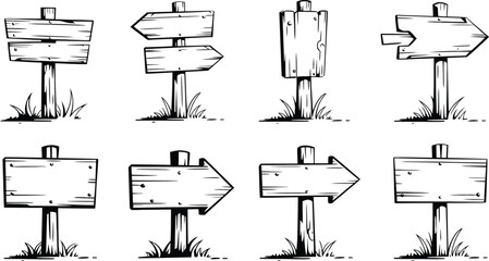 Hand Drawn Wooden Signpost Vector Set, Blank Cartoon Direction Boards, Doodle Arrow Signs Illustration © nitthi