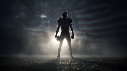 American football player silhouette standing against usa flag