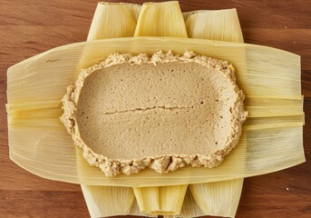 Preparing tamale masa in corn husks for cooking