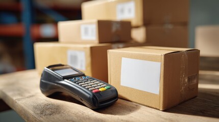 A close-up view of a payment terminal next to stacked cardboard boxes in a warehouse setting.