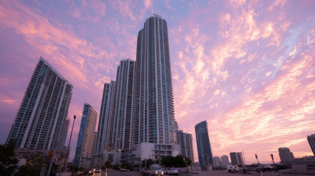 Modern glass condominium skyscraper against vibrant sunset sky with wispy clouds showing contemporary urban living from a lowangle wide shot with copy space
