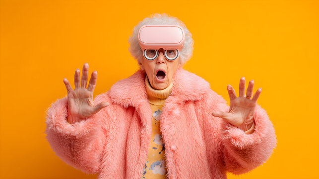 Senior woman experiencing virtual reality in a pink coat