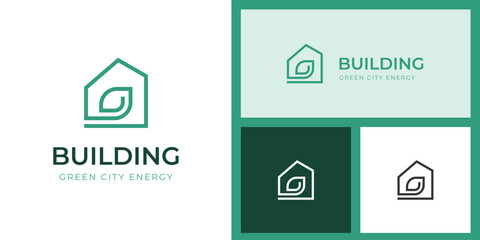Modern Eco House Logo Design with Green Building Leaf Symbol Representing Sustainable City Energy, Clean Construction, and Environmental Innovation for Architecture, Eco Urban Development