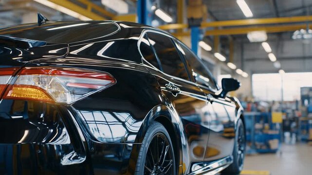 20Close-up of a glossy black car lifted on a hydraulic ramp in a clean auto repair garage, reflections of fluorescent lights gliding across the polished surface, mechanic&rsquo;s tools gle