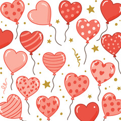 Heart-shaped balloons in various pastel red patterns on a white background. Cute, festive balloons with different designs float in the air, creating a celebratory, whimsical pattern.