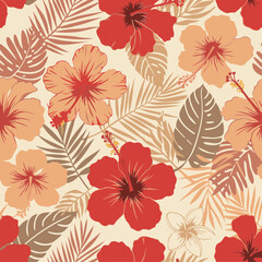 Tropical hibiscus and palm leaf seamless pattern in muted tones. Vibrant red and peach hibiscus flowers with muted brown and beige palm leaves on a light beige background.