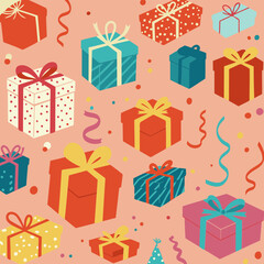 Colorful gift boxes in various patterns and colors scattered on a pale peach background with confetti and ribbons. A festive, playful backdrop with a variety of gift boxes in different shades.