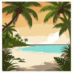 Fototapeta premium Tropical beach scene with lush vegetation and calm turquoise water. Peaceful ambiance with palm trees framing the shoreline.