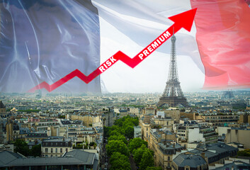 Risk premium increasing in France, with Paris and Eiffel Tower skyline and French flag waving. France credit default risk premium is rising to levels comparable to its Southern neighbours