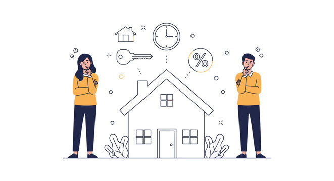 Two people thinking about buying a house, with icons of a key, clock, and percentage symbol.