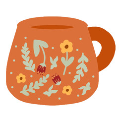 Decorative floral mug illustration in flat style for cozy designs and creative projects.