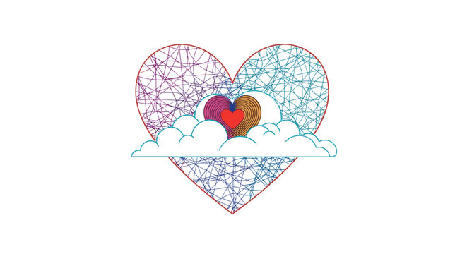 Abstract heart shape filled with colorful tangled lines and nested hearts above clouds.