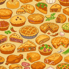 Various types of pies and pastries in different styles displayed on a light beige background. Colorful hand-drawn illustrations of pies and pastries with diverse fillings and crusts.
