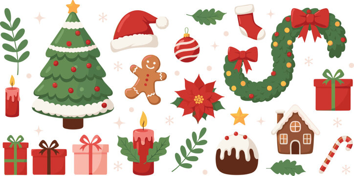 Christmas clipart PNG bundle with tree wreath gingerbread gifts poinsettia ornaments holiday elements for sublimation cards crafts