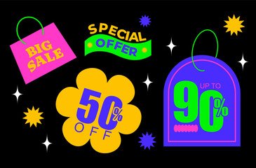 Colorful sale banner illustration in bold neon flat style for promotional designs and marketing materials.