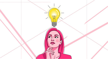 Creative woman with pink hair looking up at a bright idea bulb, seeking inspiration and innovative solutions for business success and innovation