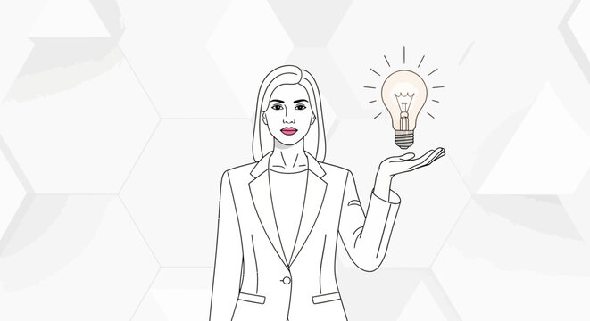 Brilliant business woman showcasing innovative idea with a glowing light bulb, symbolizing creative solutions and strategic thinking for success in modern industry