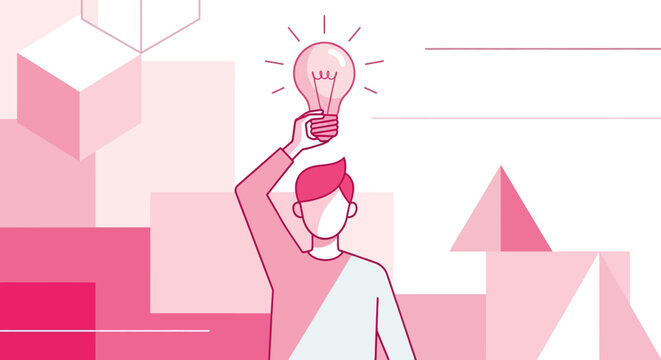 Creative innovator holding a bright idea lightbulb against modern geometric background, perfect for business concepts and fresh solutions