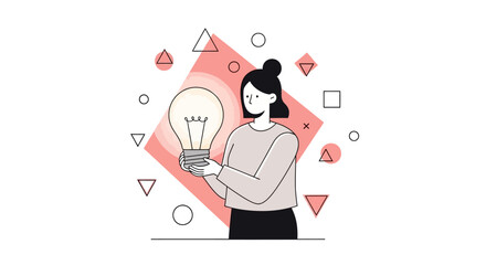Modern woman holding bright lightbulb symbolizing fresh creative ideas and innovative solutions for business growth in a dynamic environment