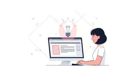 Creative woman crafting innovative ideas online with bright bulb, digital solutions for business growth, and modern technology for success
