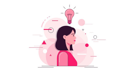 Creative woman with a brilliant idea represented by lightbulb above her head, surrounded by abstract elements, symbolizing innovation and new ventures