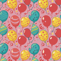 Birthday party balloons and confetti seamless pattern on a light pink background. Colorful cartoon balloons of various shapes and patterns, confetti, and ribbons fill the background.