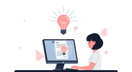 Creative woman with a bright idea working on a computer in a modern office, generating innovative solutions and fresh perspectives for business growth