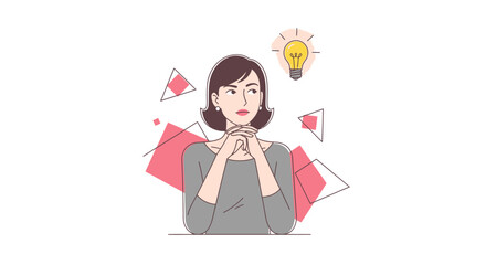 Brainstorming woman finds creative solution with lightbulb moment, surrounded by abstract shapes, conveying innovation and modern thinking