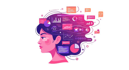 Data-driven decision making shown with a woman's profile and statistical graphs, perfect for business intelligence and analytics marketing campaigns