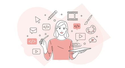 Creative woman designing digital content with style and grace, a modern artist crafting user interfaces with passion and vision, perfect for innovative businesses