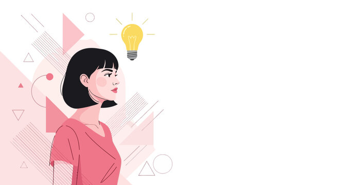 Modern woman finds inspiration with a bright idea moment, creative thinking and innovation, visualized with a lightbulb and geometric design elements - Powered by Adobe