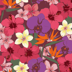 Tropical flower pattern with vibrant colors and detailed illustrations. A colorful array of hibiscus, orchids, plumeria, and birds of paradise flowers and leaves on a deep maroon background.