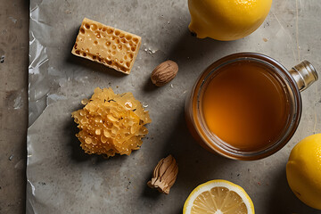 Natural Honey with Lemon and Honeycomb on Rustic Table