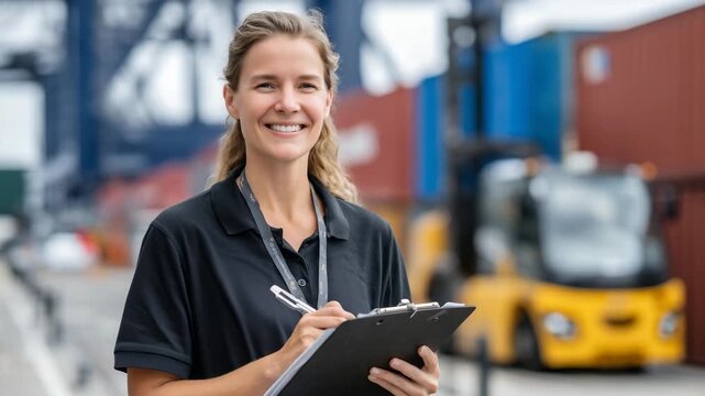 30Female customs agent smiling slightly while writing on clipboard, standing near cargo pallets and containers under bright daylight, showcasing modern global trade environment
